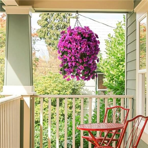 Artificial Hanging Flower Basket Faux Begonia Outdoor Patio Porch Decor UV Safe - Picture 2 of 7